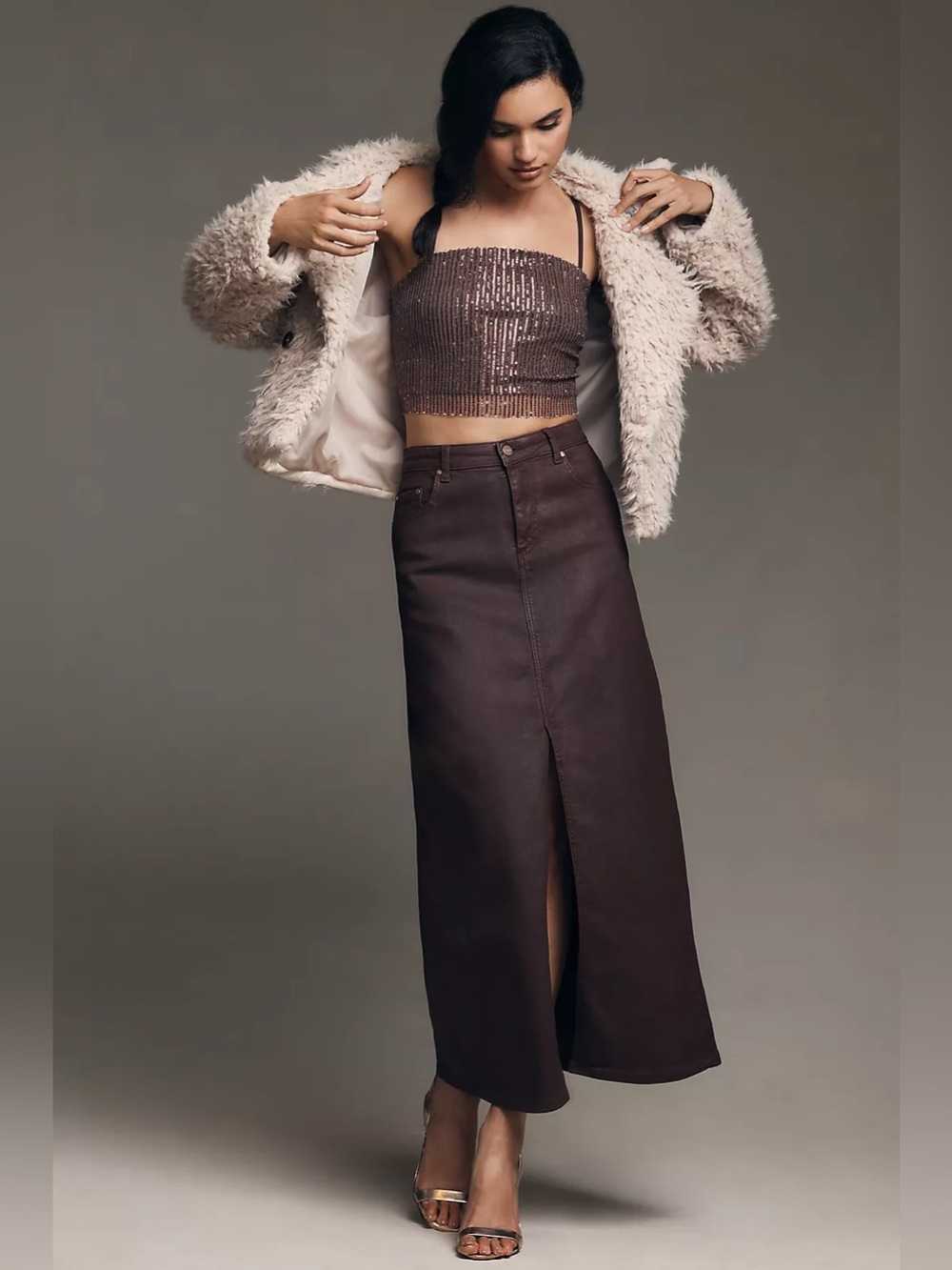 Anthropologie Pilcro Madi Front Slit Coated Denim Skirt Burgundy 14 NWT - Picture 4 of 15